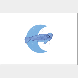 Harbor Seal Crescent Moon - Blue Posters and Art